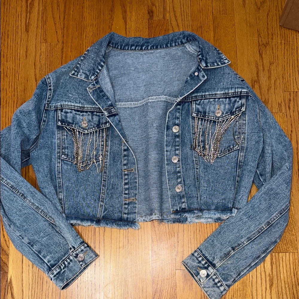 Cropped Denim Jacket with Rhinestone fringe Detail